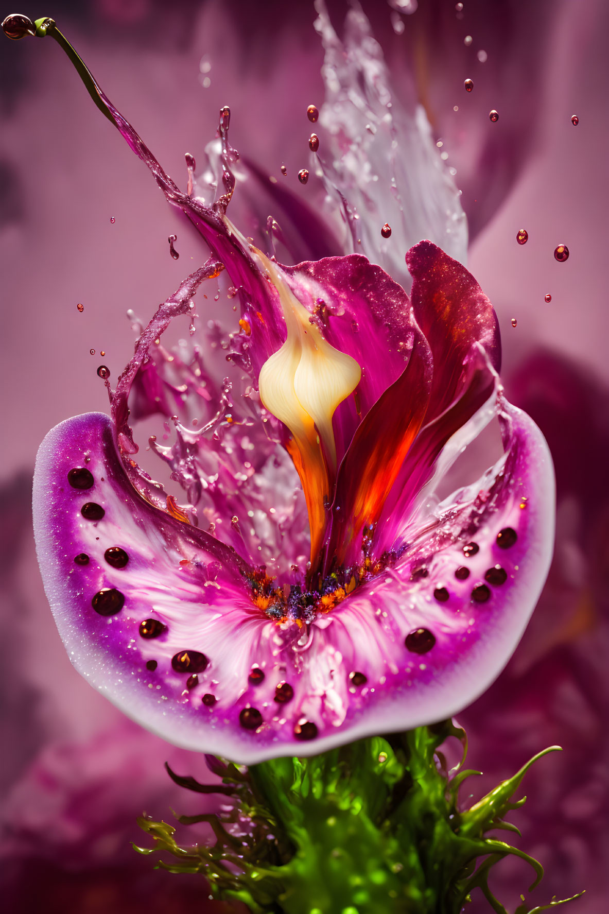 Colorful orchid with splashing water droplets on petals against magenta backdrop