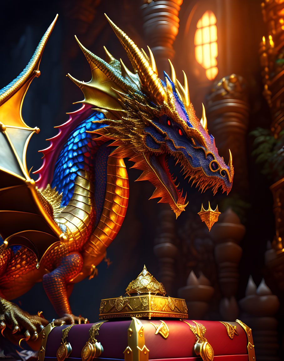 Colorful Dragon on Treasure Chest in Mystical Setting