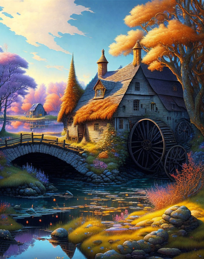 Thatched roof cottage by waterwheel, stream, stone bridge, autumn foliage, twilight sky