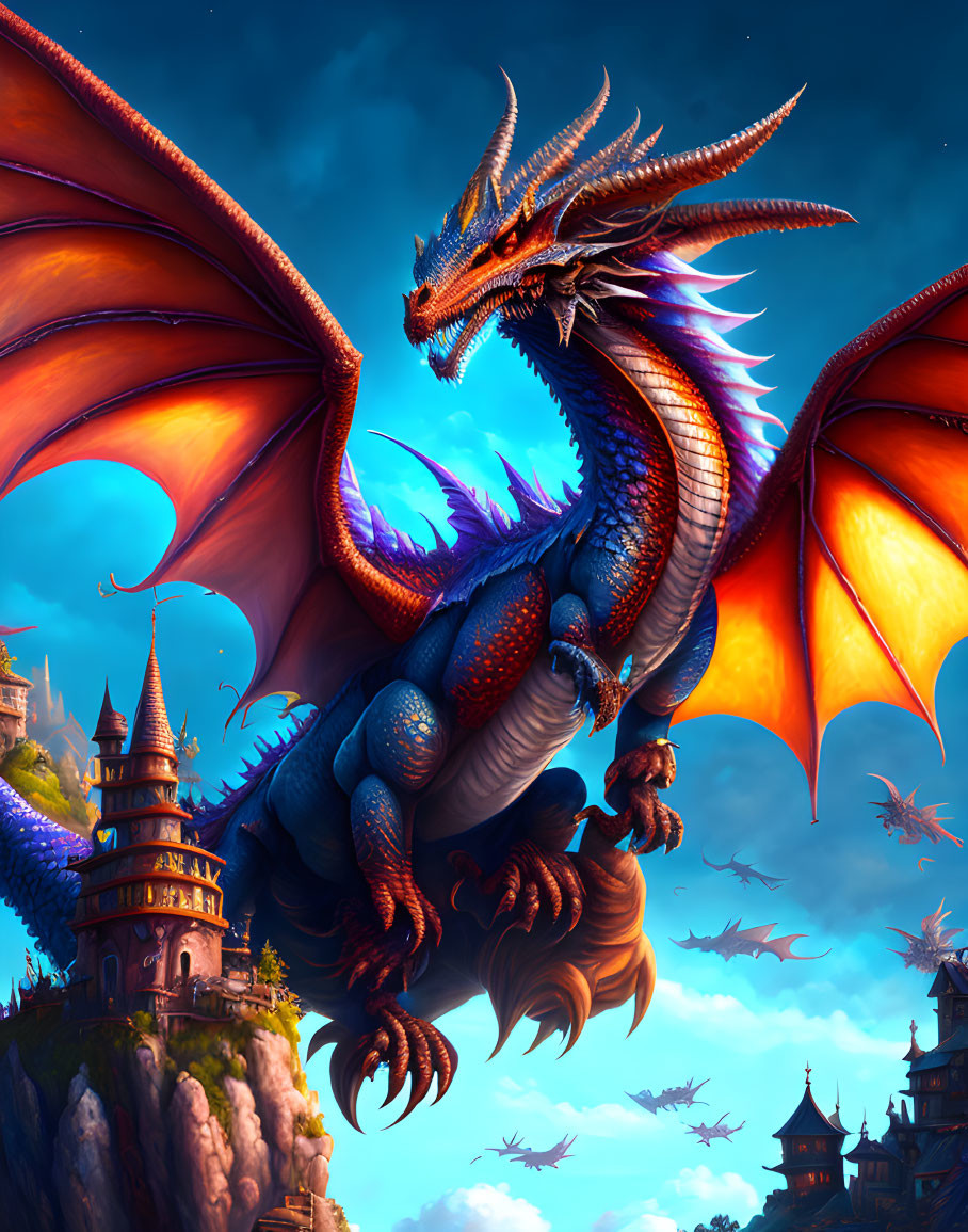 Colorful Dragon Perched on Cliff with Castles and Flying Dragons