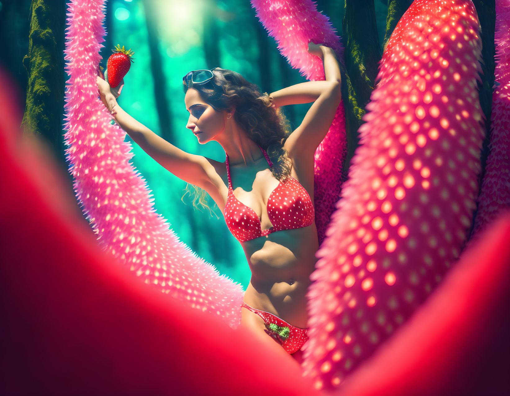 Woman in Red Polka-Dotted Bikini with Sunglasses and Pink Strawberry Sculptures