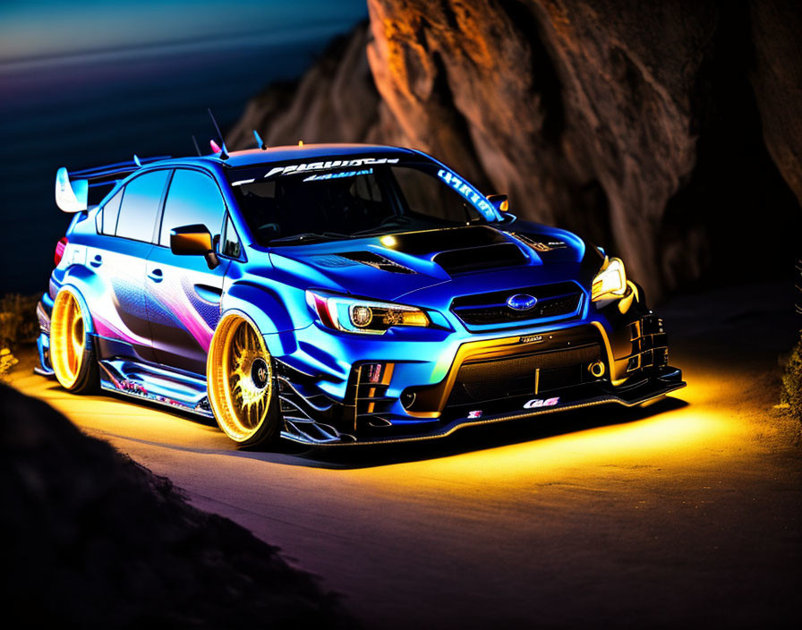 Blue Subaru WRX with Gold Rims and Body Kit Parked on Mountain Road at Dusk