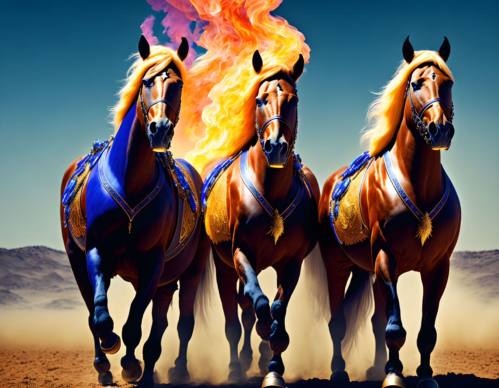 Three majestic horses with fiery manes and ornate blue saddles galloping in the desert.