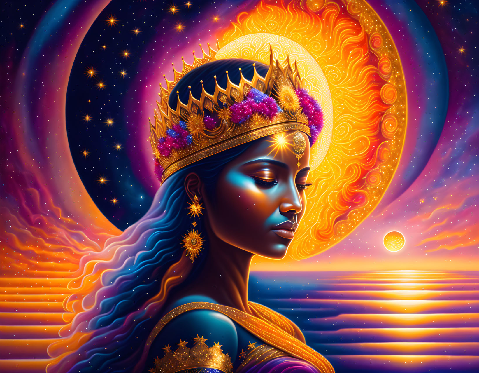 Regal female figure in cosmic digital artwork