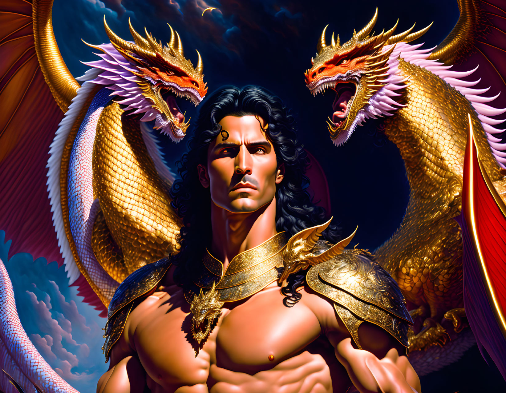 Muscular man in golden armor faces two red dragons in dramatic setting