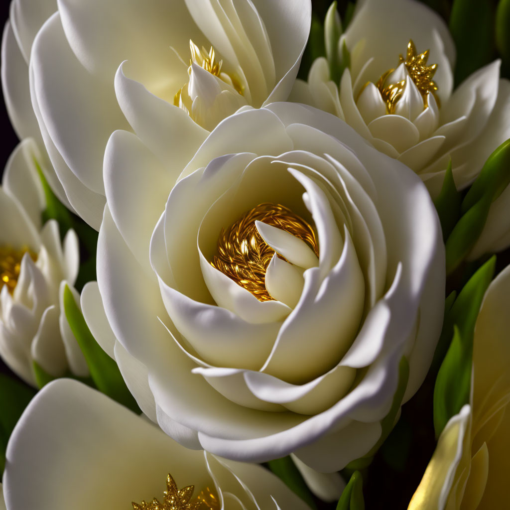 White Flowers with Layered Petals and Golden Centers on Dark Background