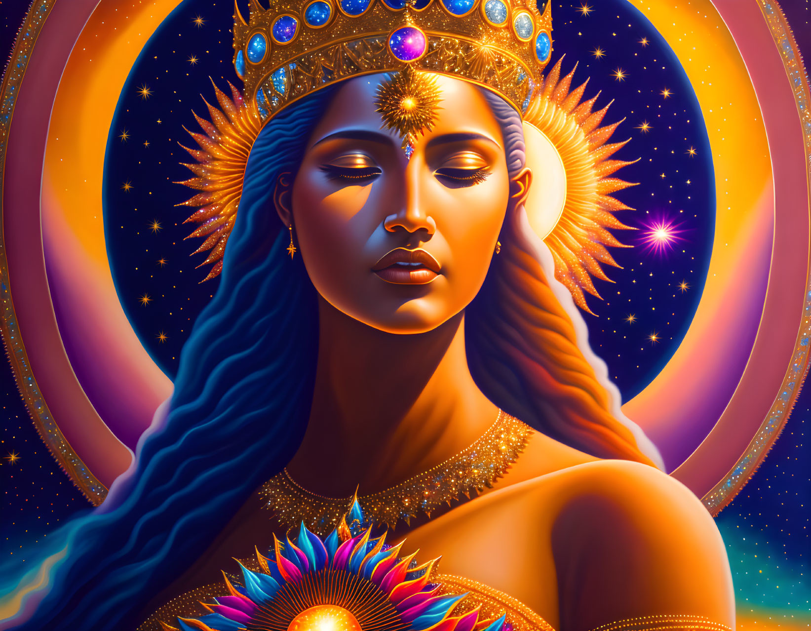 Regal woman in cosmic setting with golden jewelry