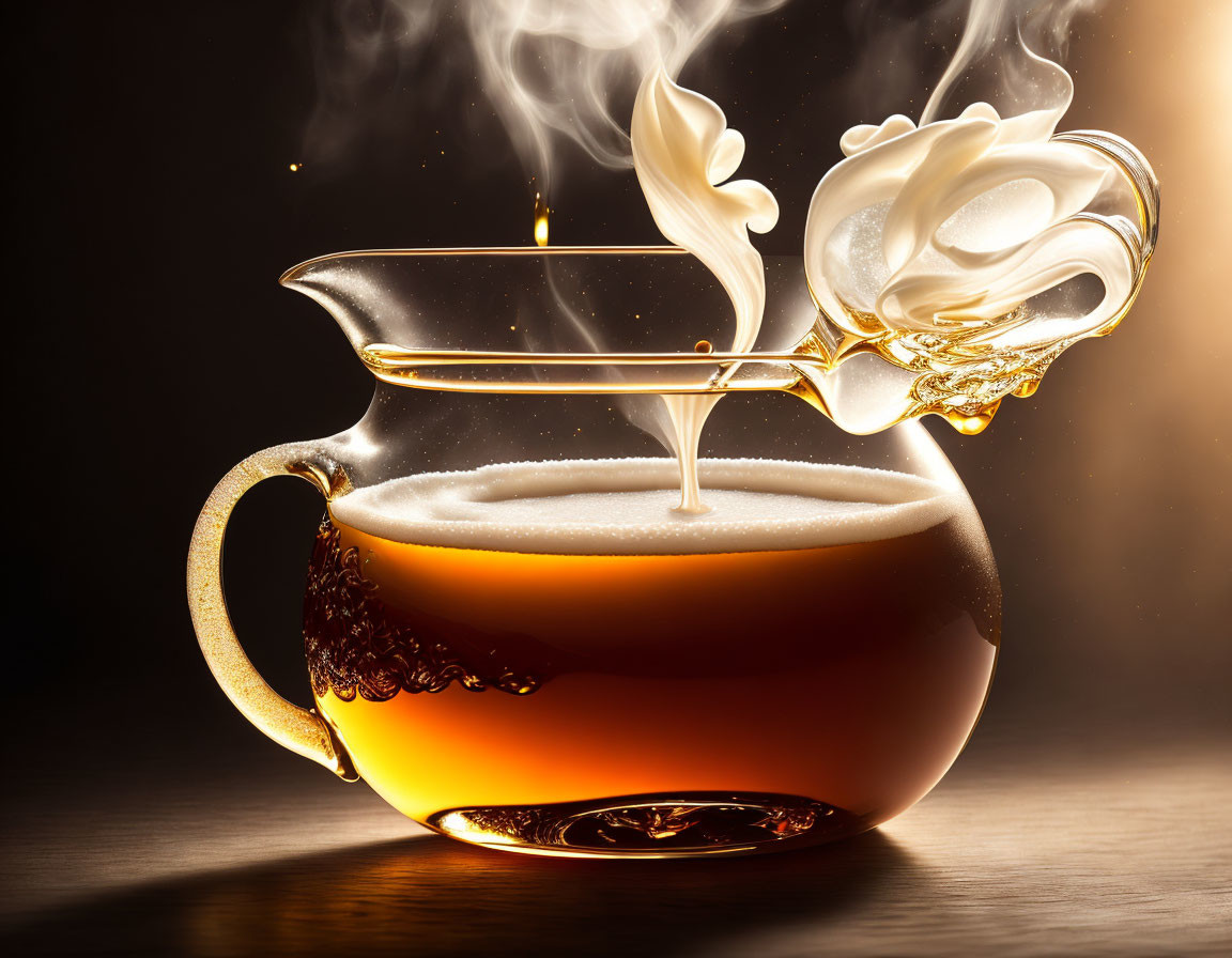 Steaming Glass Teapot with Decorative Smoke Swirl on Dark Background