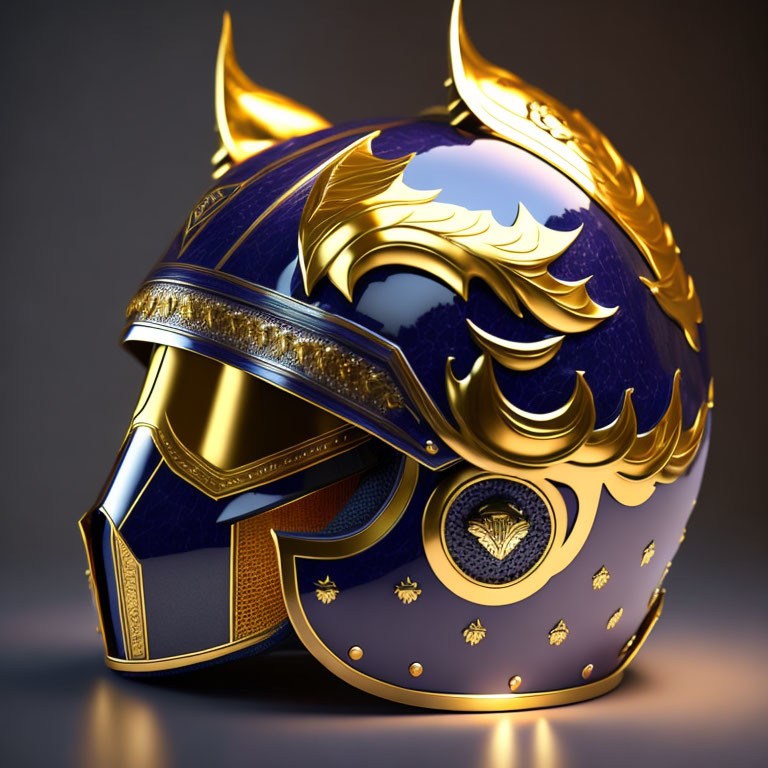 Medieval knight helmet with golden accents and winged motifs on dark background