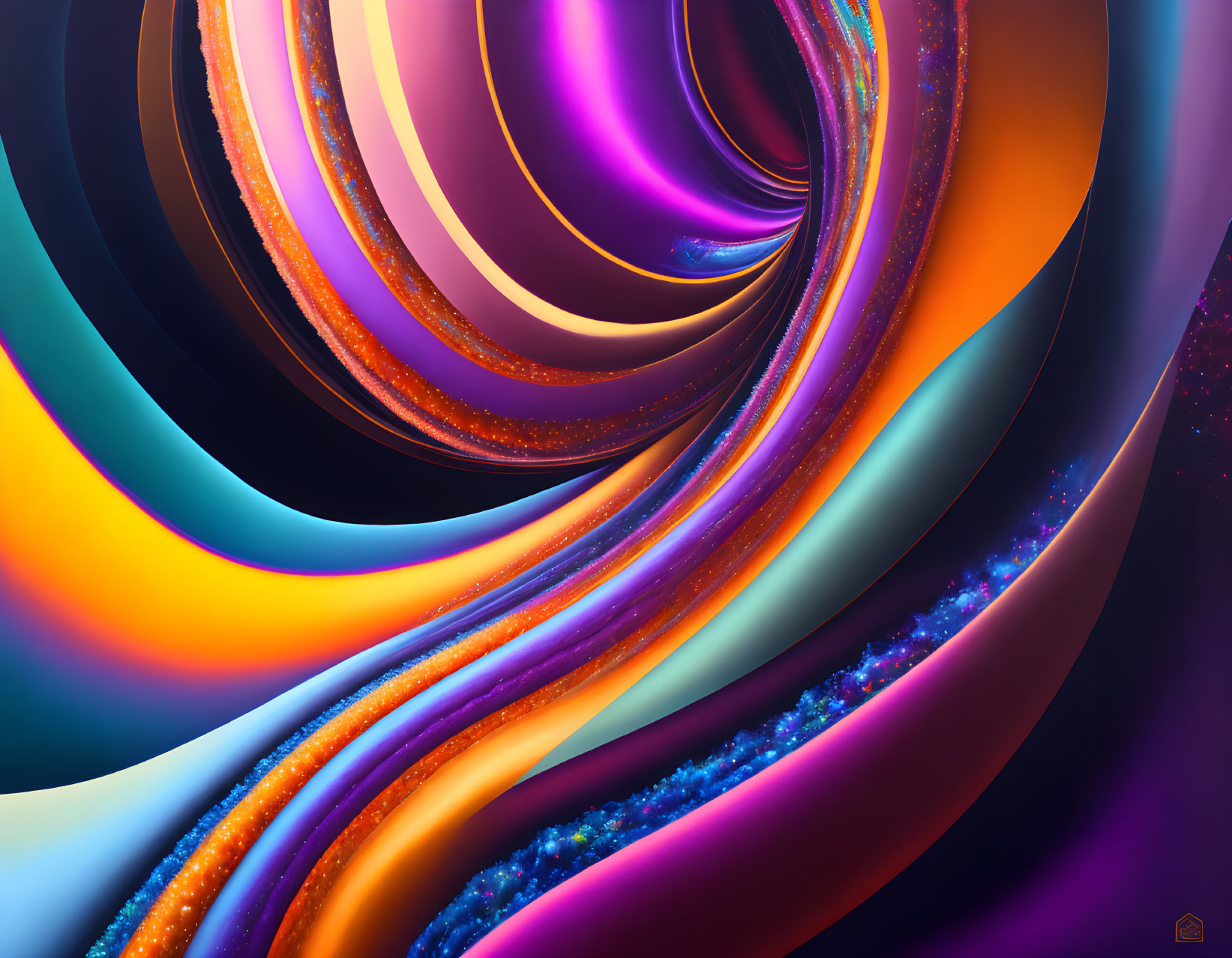 Colorful digital abstract art: swirling ribbons of blue, purple, and orange with glittering particles