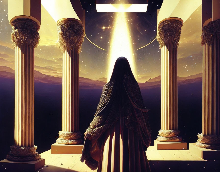 Person in flowing robe gazes at star-like light by classical columns