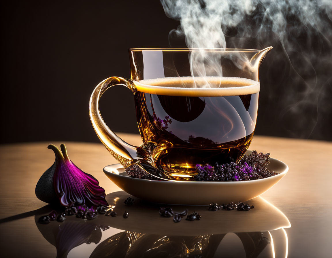 Steaming cup of tea with herbs and onion slice on wooden surface