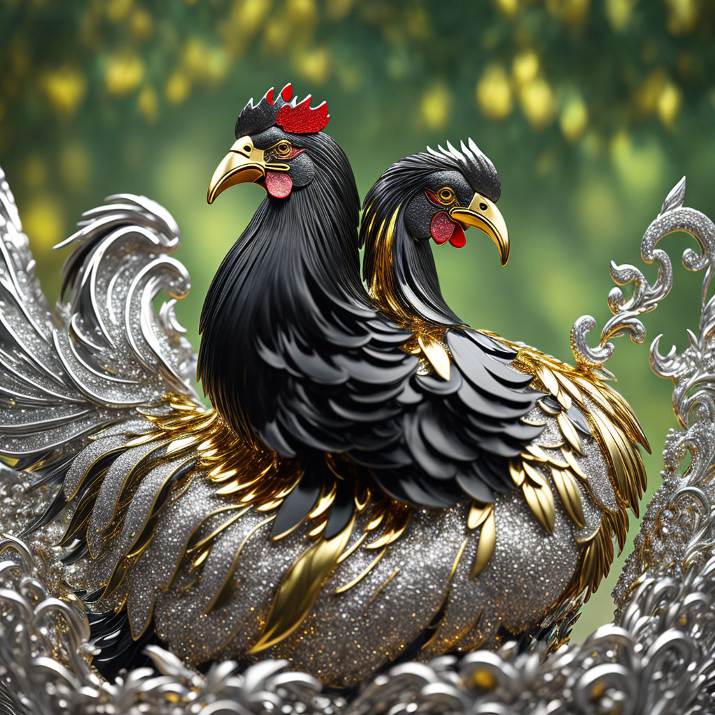 Ornate stylized roosters with metallic accents on green backdrop