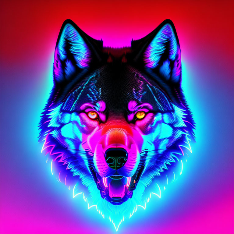 Colorful neon wolf head art on gradient background