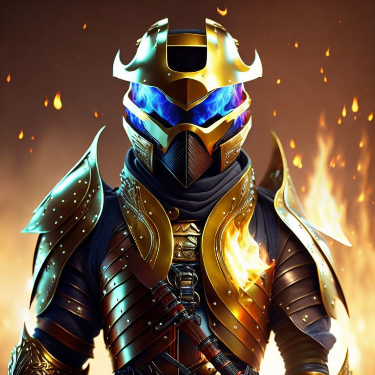 Golden-armored warrior with glowing blue helmet in fiery fantasy scene