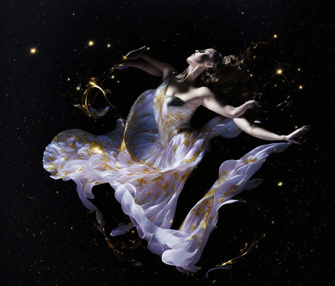 Woman in ornate gown floating in starry background with celestial elements.