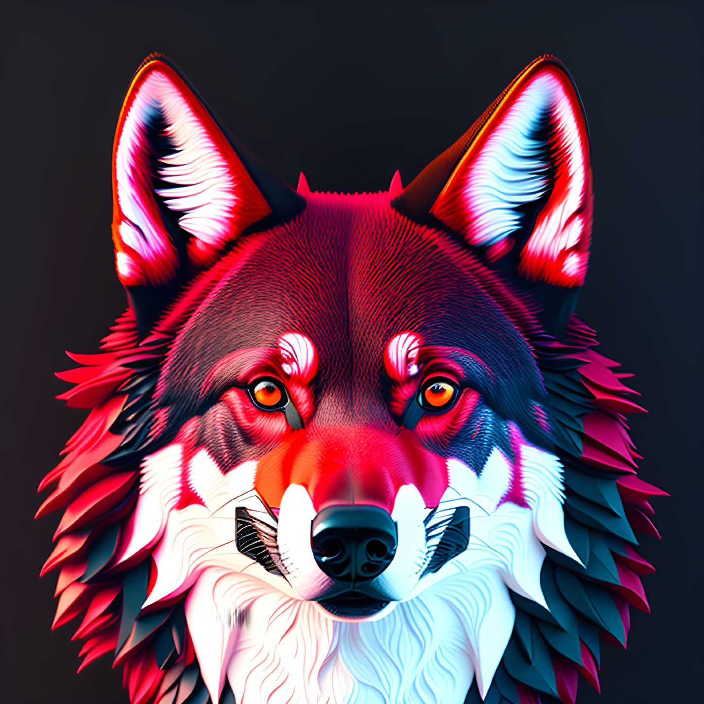 Stylized wolf face with red eyes and multicolored fur