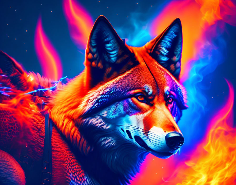 Vibrant digital artwork: Wolf with fiery blue and orange mane