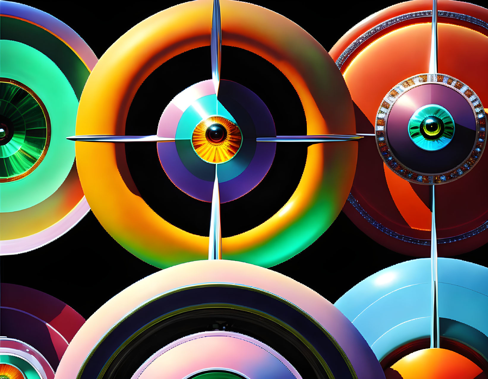 Colorful concentric circles and poles on black background