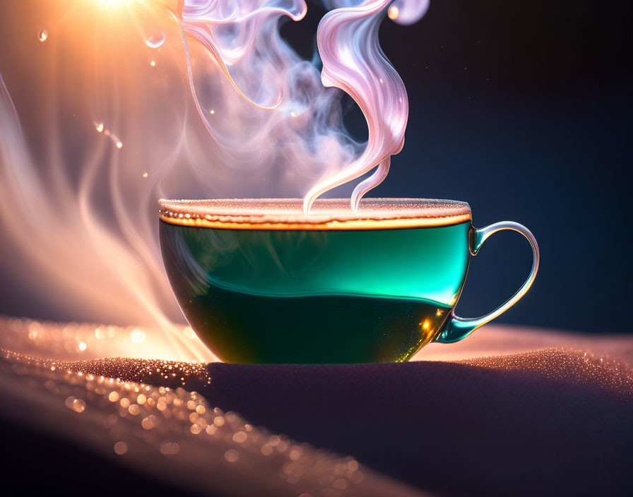 Steaming teal cup on smooth surface with golden rim and wafting smoke