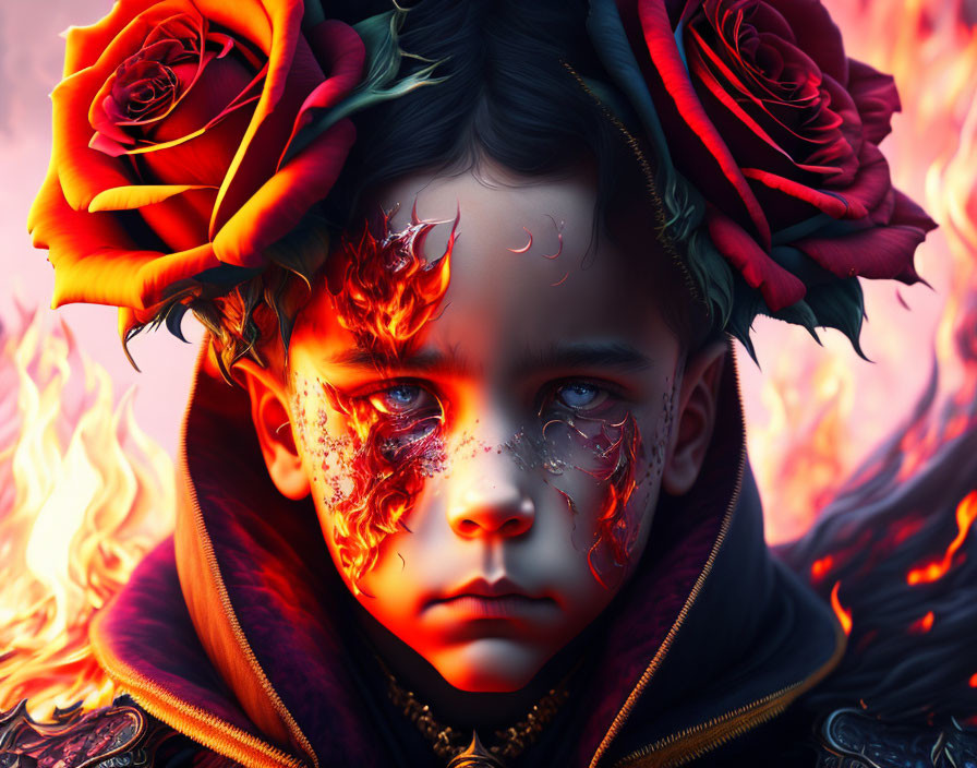 Digital artwork: Child with solemn expression, fiery effects, roses, flames backdrop