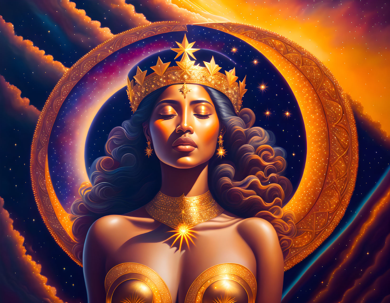 Regal woman with golden crown and celestial halo on cosmic orange background