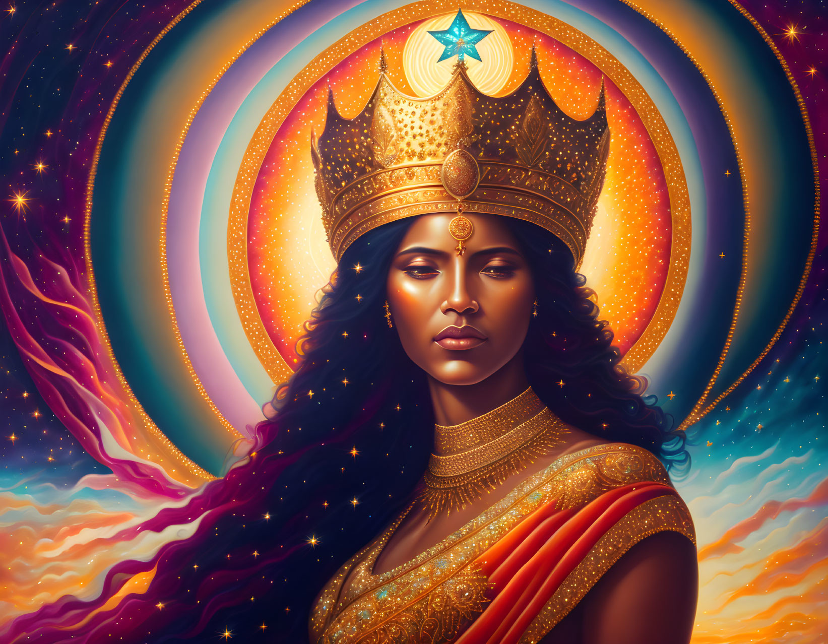 Regal woman with crown in cosmic backdrop exuding power