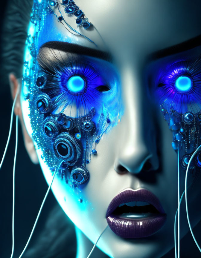 Female humanoid with cybernetic enhancements and glowing blue eyes.