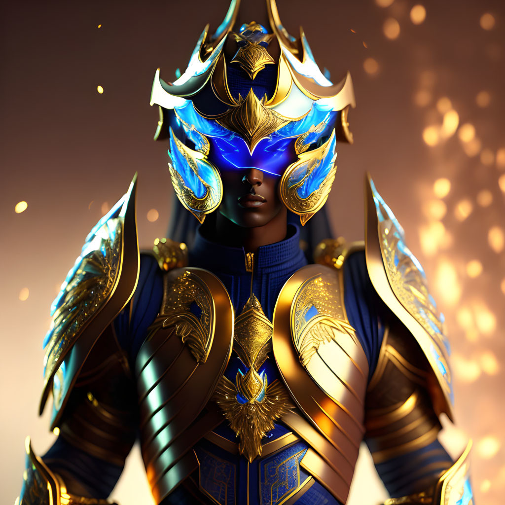 Digital artwork: Person in golden & blue phoenix armor with helmet on warm bokeh background