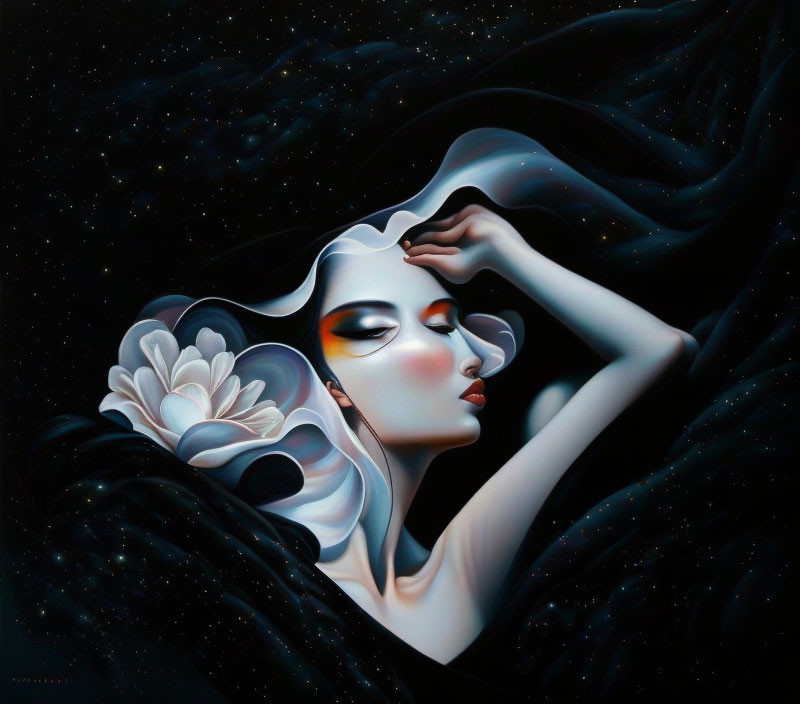 Woman's surrealistic portrait with night sky and floral motif in flowing hair