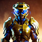 Golden-armored warrior with glowing blue helmet in fiery fantasy scene