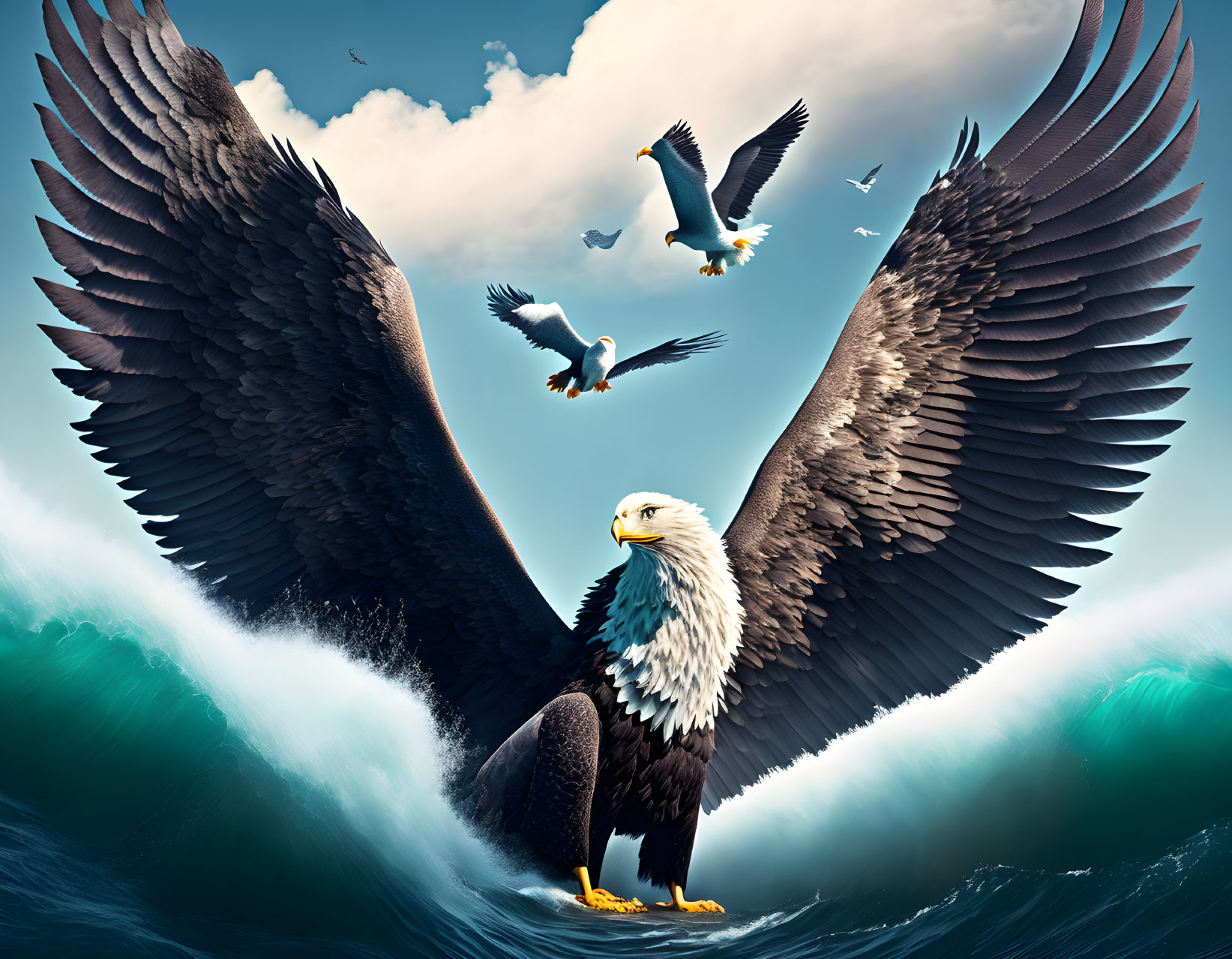 Majestic bald eagle surrounded by seagulls in dramatic sky and sea.