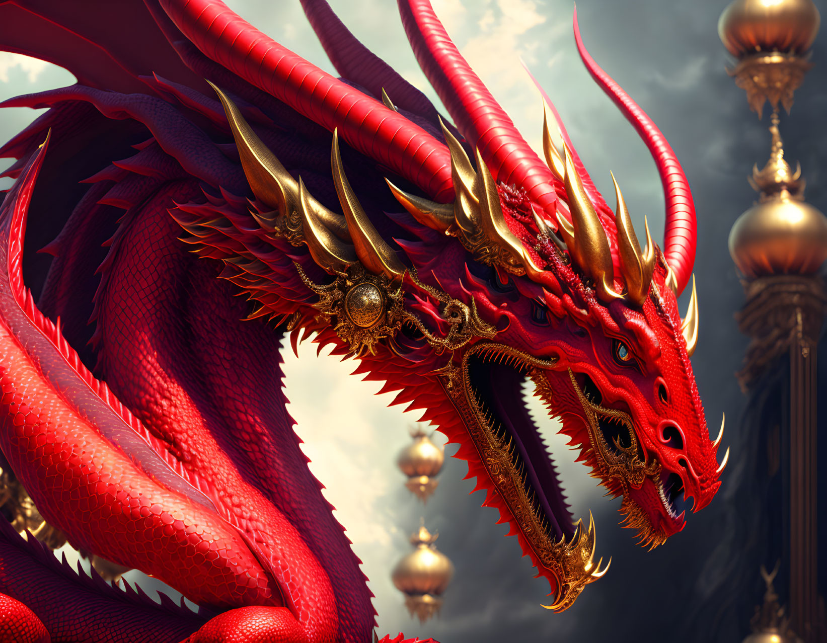 Detailed red dragon with golden horns in fantasy setting with hanging lanterns