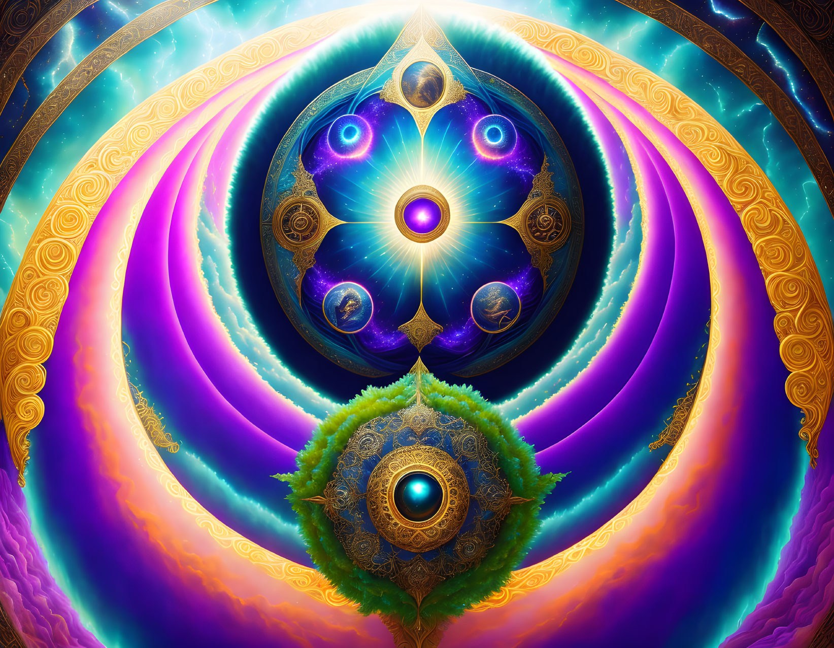 Abstract Digital Art: Vibrant Blue, Purple, and Gold Concentric Patterns with Eye Motifs