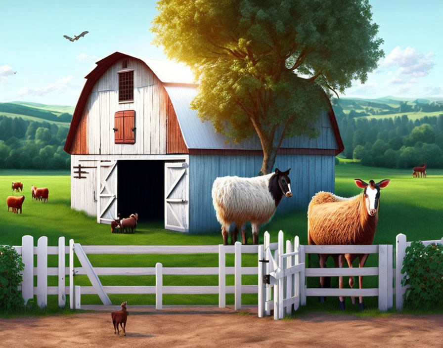 Rural farm landscape with red barn, white fence, sheep, and goat