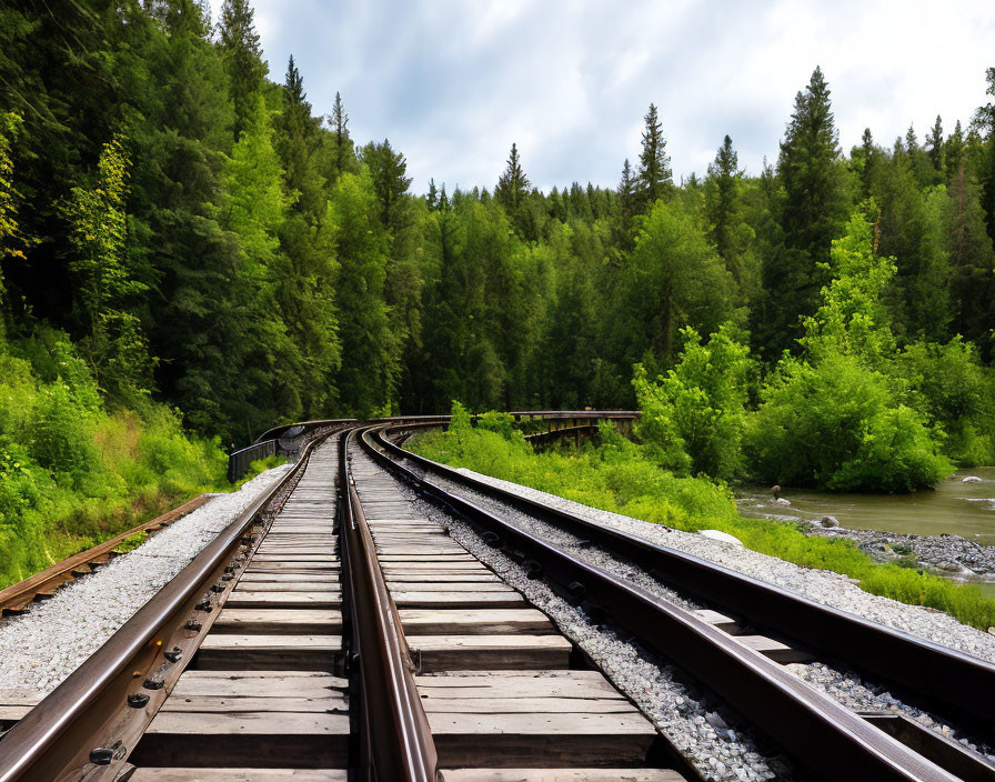 Curving railroad tracks in lush forest with river under cloudy sky