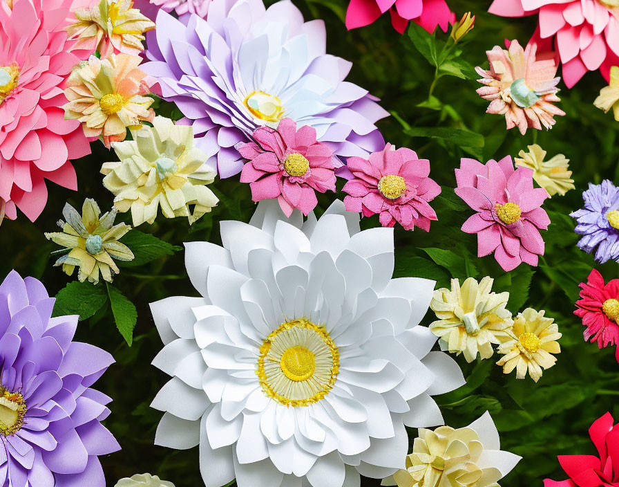 Vibrant paper flowers in pink, purple, white, and yellow with intricate details on green leaf