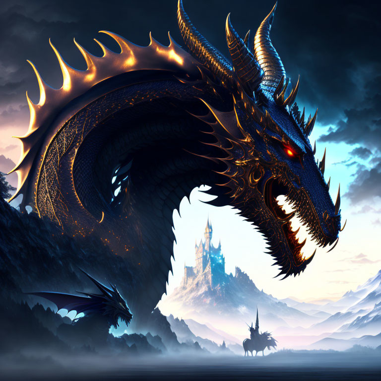 Black dragon with red eyes and castle in mystical twilight scene.