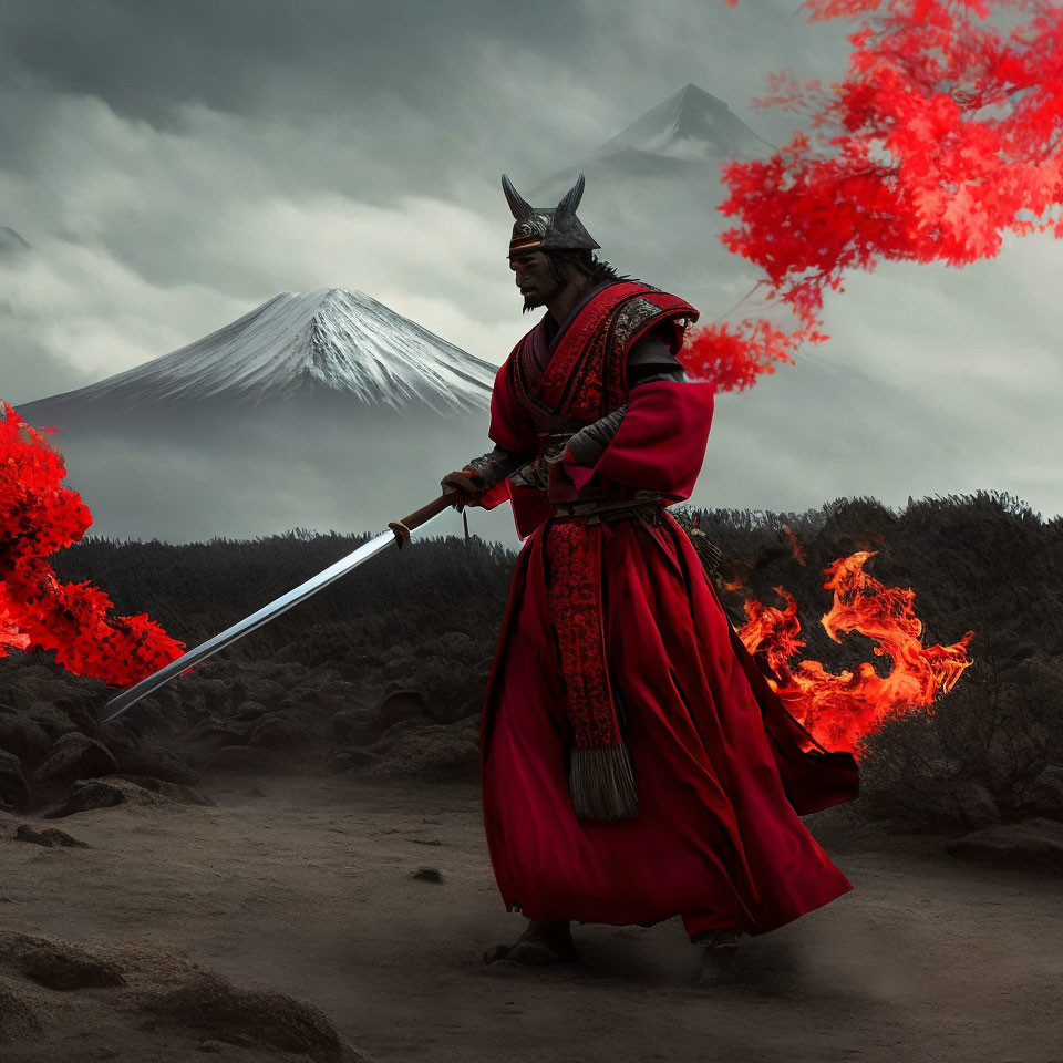 Samurai in traditional armor with sword in volcanic landscape.