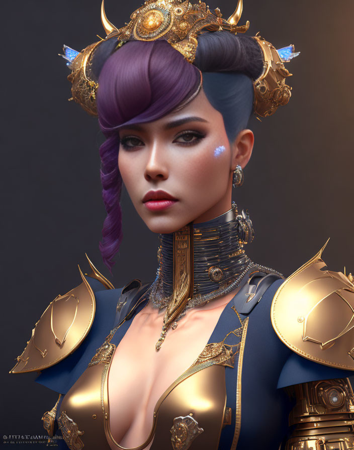 Digital portrait of woman with purple hair, gold armor, fantasy makeup, and horned headgear