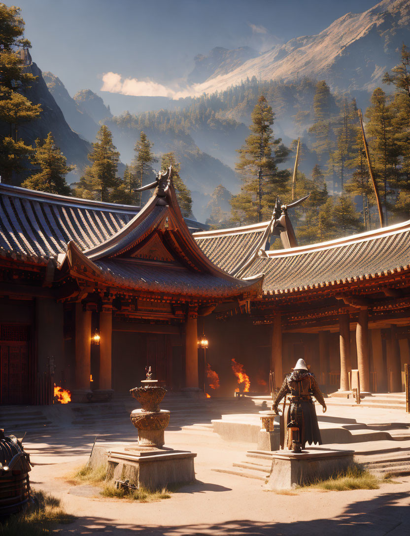 Ancient Asian temple in lush forest with misty mountains