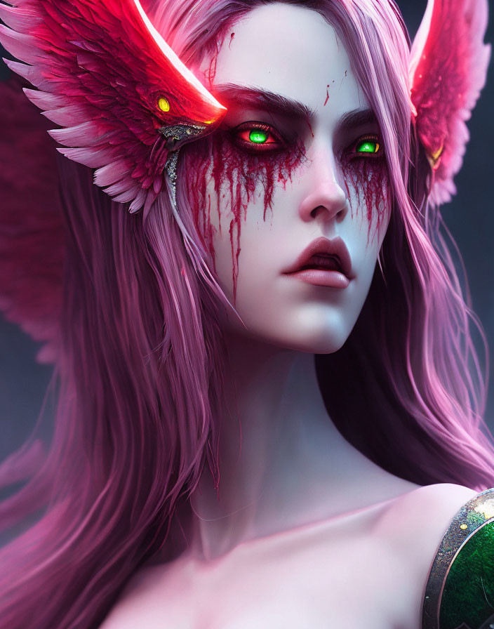 Fantasy digital artwork: Pink-haired figure with green eyes and red-feathered wings