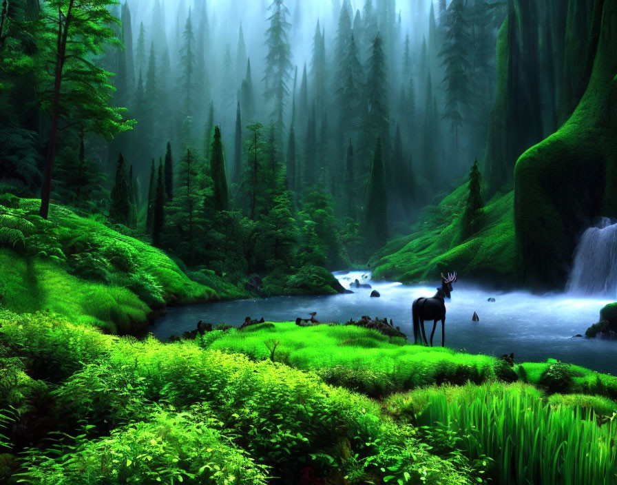 Tranquil forest landscape with river, waterfall, and moose