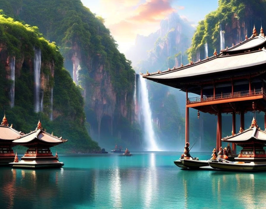 Tranquil lake with pagoda-style boats, cliffs, waterfalls - serene nature scene