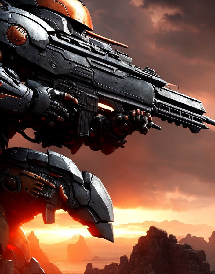 Gigantic robot with detailed armor and weapons in orange sky landscape