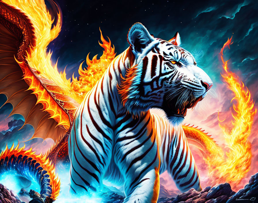 White tiger with glowing stripes in fiery wings and cosmic sky