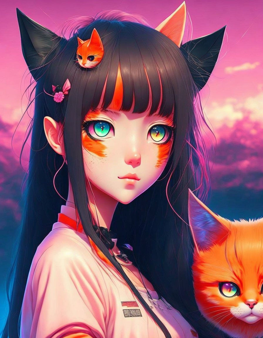 Digital artwork featuring girl with green eyes, cat ears, and two orange cats on pink backdrop