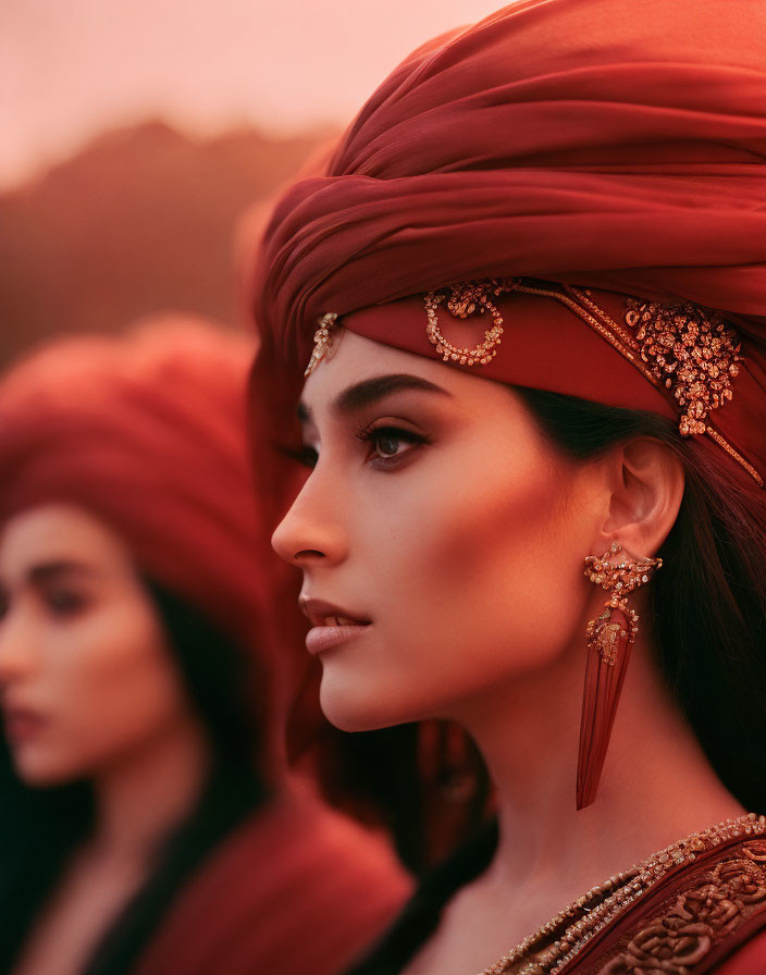 Women in Red Turbans with Gold Jewelry on Red Background