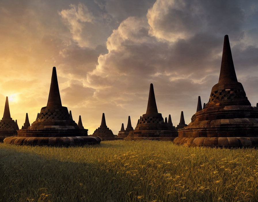 Stone stupas in tall grasses under dramatic sunset sky