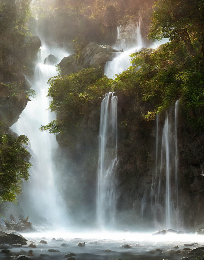 Sunlit forest waterfall with radiant beams